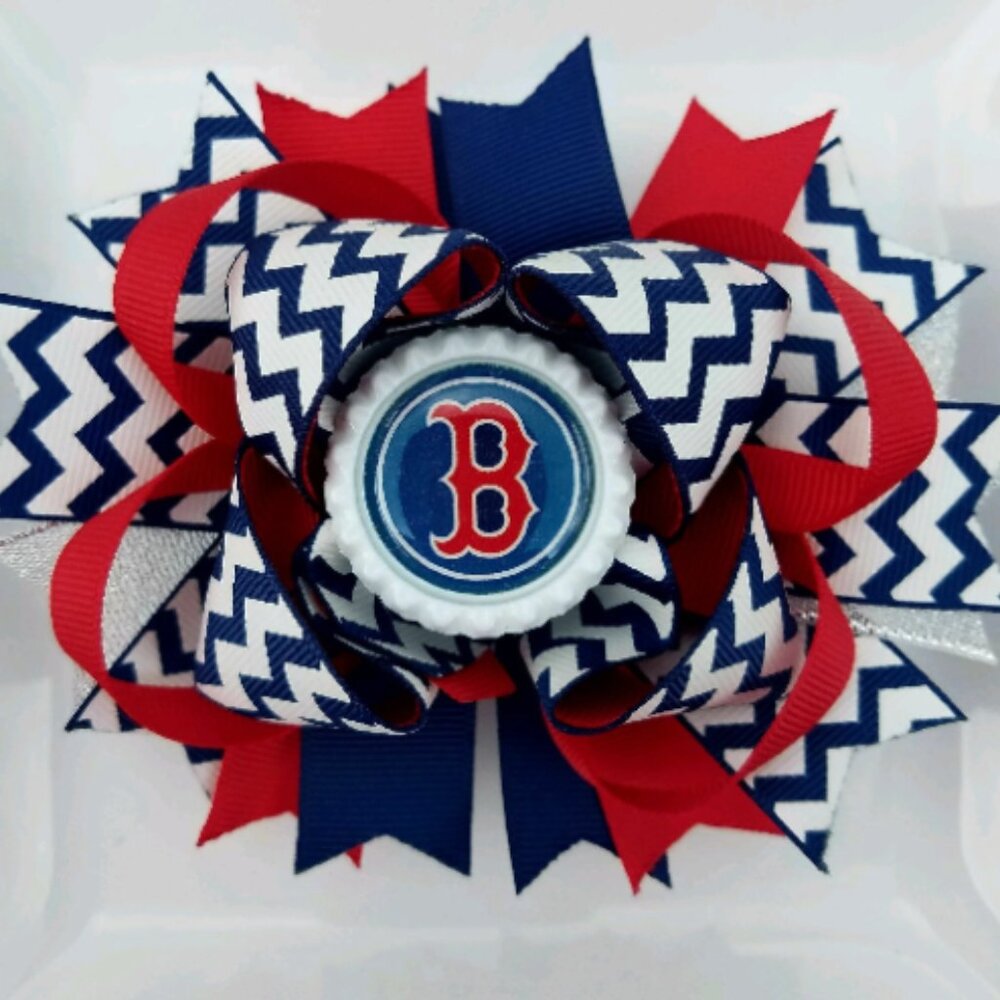MLB Boston Baseball Red White Blue Silver Bottle Cap Hair Bow 5" 1" French Clip